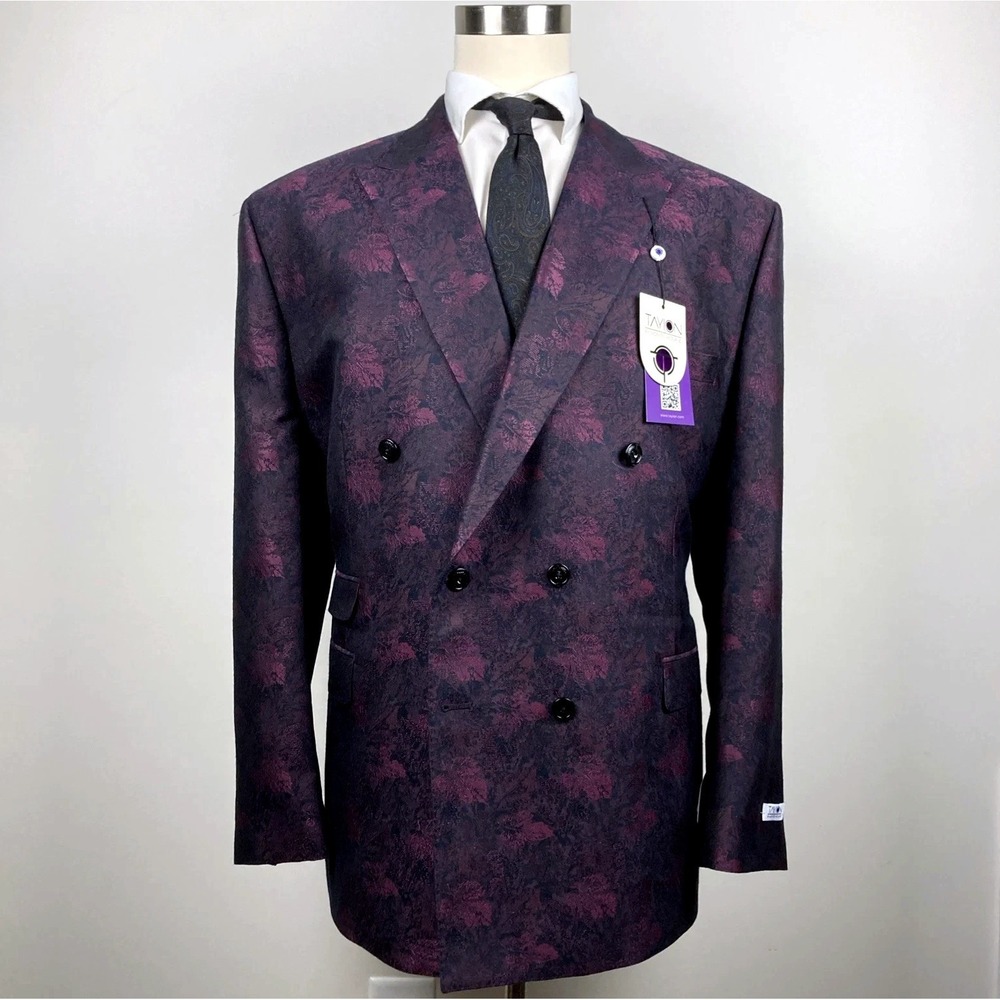 Tayion Mens Classic fit Double Breasted Dinner Jacket 52R Wine Black‎ Floral